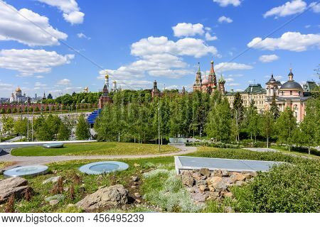 Moscow Cityscape With Cathedral Of Vasily The Blessed (saint Basil's Cathedral) And Towers Of Moscow