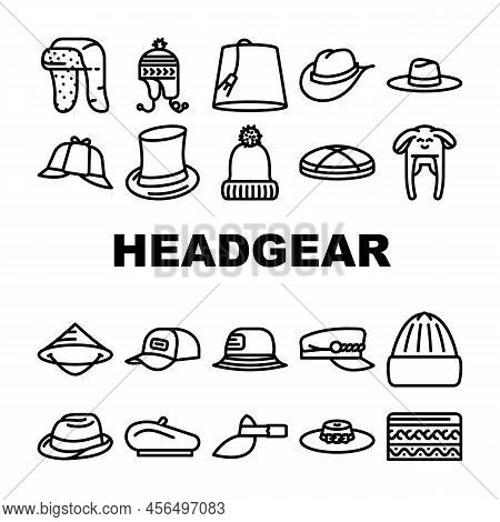 Headgear Stylish Head Clothes Icons Set Vector. Children Winter Warm Hat And Panama Summer Seasonal 