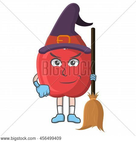 A Apple Character Wearing A Witch Hat. Happy Halloween. Cute Style Apple Character