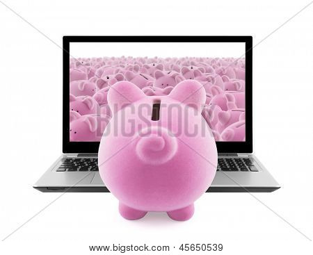 Prasátko Bank a laptop izolovaných na bílém