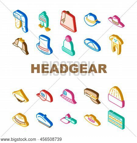 Headgear Stylish Head Clothes Icons Set Vector. Children Winter Warm Hat And Panama Summer Seasonal 