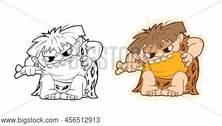 A Set Of Funny Stickers Of A Prehistoric Primitive Man, Dynamic Figures Of A Character In A Cartoon 