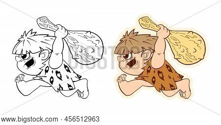 A Set Of Funny Stickers Of A Prehistoric Primitive Man, Dynamic Figures Of A Character In A Cartoon 