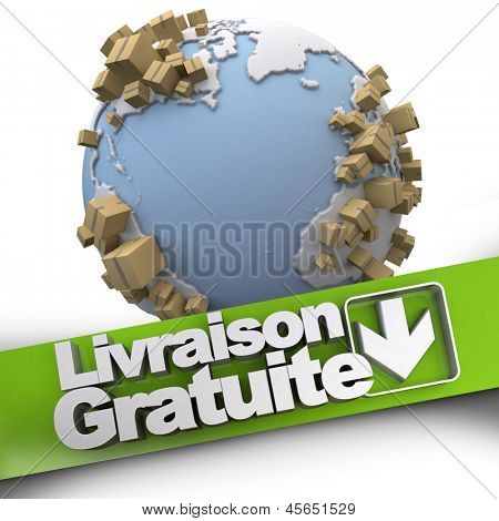 Rendering 3D di un concetto consegna gratuita firmare in francese: Livraison gratuite, con la terra e pack