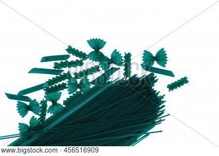 Green Pasta Isolated On White Background. Different Pasta Products With Spirulina Or Chlorella.