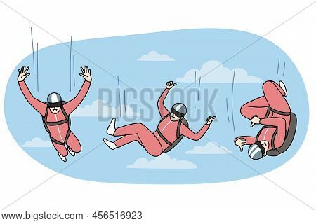Happy Person In Protective Suit Falling Down From Sky With Parachute. Concept Of Free Falling. Extre
