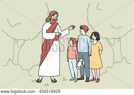 Smiling Jesus Christ Talking With Small Children In Garden. Caring Messiah Speak With Little Kids Ou