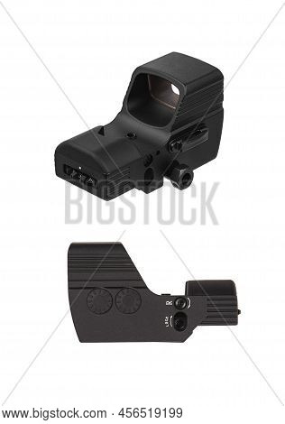 Modern Optical Collimator Sight. Aiming Device For Shooting At Short Distances. Isolate On A White B