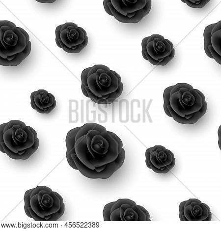 Vector Flower Seamless Pattern, Black Realistic 3d Roses On White. Floral Seamless Background. Weddi