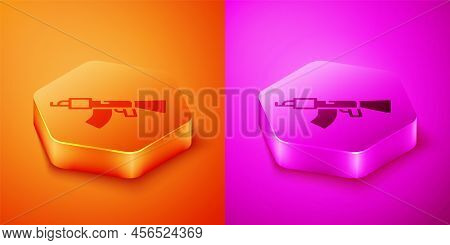 Isometric Submachine Gun Icon Isolated On Orange And Pink Background. Kalashnikov Or Ak47. Hexagon B