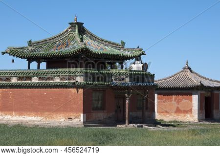 Beautiful Temple At Kharakhorum, Mongolia. Red Walls And Green Roof Tiles. Asia