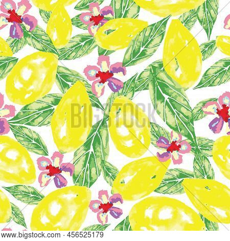 Seamless Vector Hand Painted Lemon, Leave And Flower Pattern On A White Background. Suitable For Kit