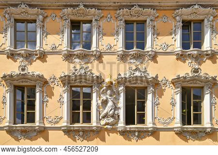 Würzburg, Germany - June 2022: Facade Of Public Library With Stucco Decoration In Rococo Architectur