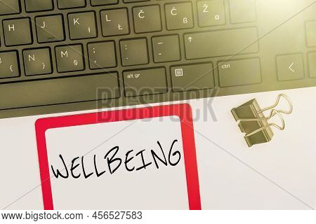 Conceptual Display Wellbeing. Word For A Good Or Satisfactory Condition Of Existence Including Healt