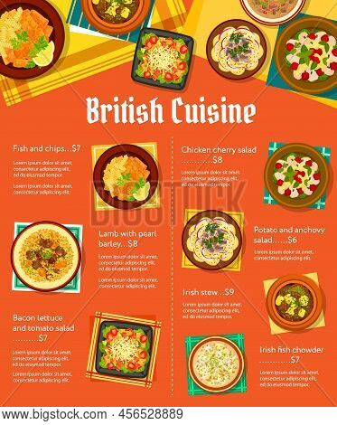 British Cuisine Menu Template. Kidney Soup, Fish With Chips And Salad With Potato And Anchovy, Lamb 