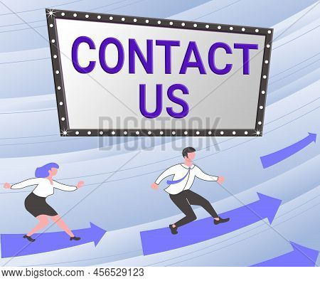 Text Sign Showing Contact Us. Internet Concept Group Of Person That Rendering Costumer Service Throu
