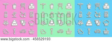 Set Line Picnic Basket, Chef Hat, Jam Jar, Barbecue Grill, Road Traffic Sign, Sunscreen Cream In Tub