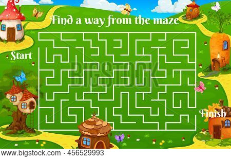 Labyrinth Maze With Carrot, Acorn And Snail, Mushroom And Nest, Vector Cartoon Houses. Kids Game Wor