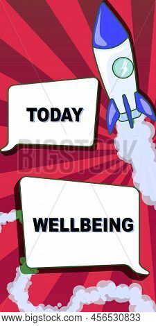 Conceptual Display Wellbeing. Word Written On A Good Or Satisfactory Condition Of Existence Includin