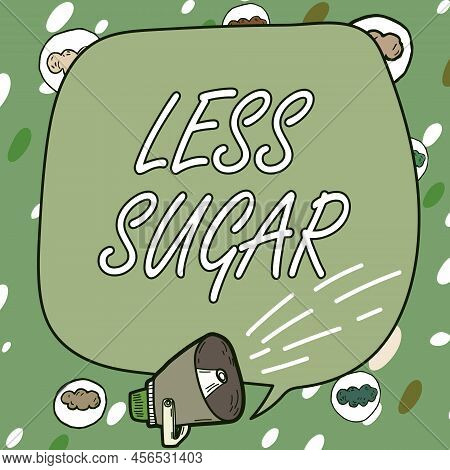 Sign Displaying Less Sugar. Word For Lower Volume Of Sweetness In Any Food Or Drink That We Eat Fram