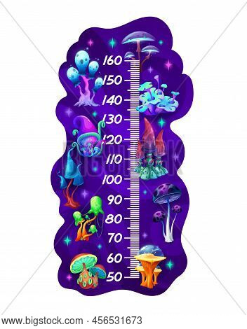 Fantasy Mushrooms Kids Height Chart Growth Meter. Fairy Magic Cartoon Vector Ruler For Children Heig