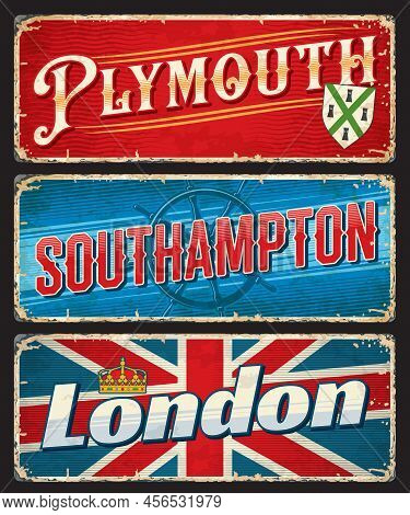 London, Plymouth, Southampton City Travel Plates And Stickers, Uk Vector Luggage Tags. England Count