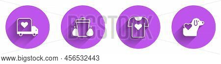 Set Delivery Truck With Heart, Trash Can, Clothes Donation And Heart Dog Icon With Long Shadow. Vect
