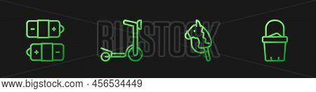Set Line Toy Horse, Battery, Roller Scooter And Sand In Bucket. Gradient Color Icons. Vector