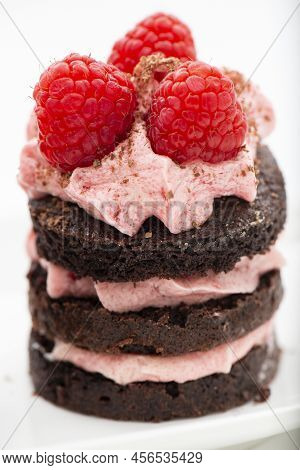 Freshly Baked Home Made Chocolate Raspberry Gateaux With Buttercream.