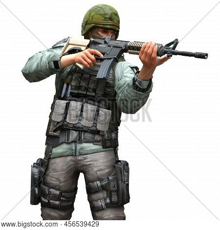 Soldier With A Machine Gun Isolated White Background 3d Illustration