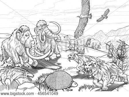 Graphic Scene Of Cavemen Hunting On Prehistoric Giant Animals