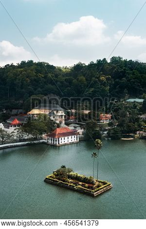 Skyline Aerial View Of Kandy Lake And Temple Beautiful Stunning Place In The Heart Of Kandy City In 