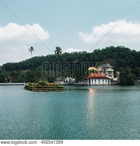 Skyline Aerial Drone View Of Kandy Lake And Temple, Stunning Place In The Heart Of Kandy City In Sri