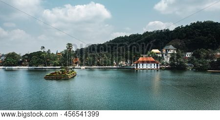 Skyline Aerial View Of Kandy Lake And Temple, Beautiful Stunning Place In The Heart Of Kandy City In