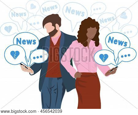 Breakup Concept Online. Girl And Man Reading Bad News From A Smartphone. Heartbreak. Unspoken Words.