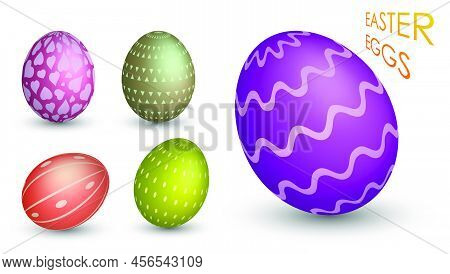 Festive Set Of Easter Eggs. Realistic Mother Of Pearl Shiny Eggs Decorated With Ornaments. 3d Vector
