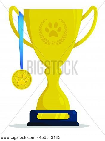 Gold Medal And Prize Cup With Paw Print For Participation In Animal Competitions. Prize For Winner O