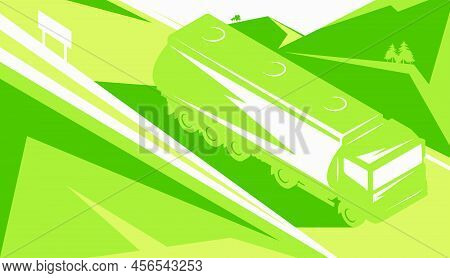 Isometric Gasoline Tanker Rides On Mountain Road. Cargo Fuel Truck With Tank For Environmentally Fri