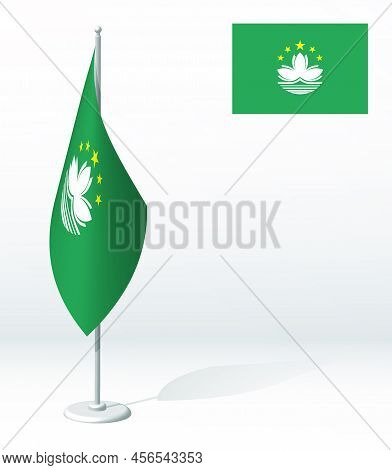 Macao Flag On Flagpole For Registration Of Solemn Event, Meeting Foreign Guests. Macao National Inde