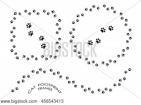 Pads Of Cat Paws Frames. Animal Paw Prints On Ground. Simple Black And White Vector Isolated On Whit