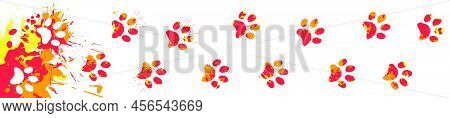 Track Of Cat Footprints Smeared In Bright Paint. Animal Paw Prints On Splashes Of Watercolor Paint B