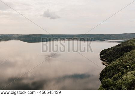 Panoramic Landscape Of Bakota Bay. Dniester River, Ukraine. High Rocky Banks Of A Large River With C