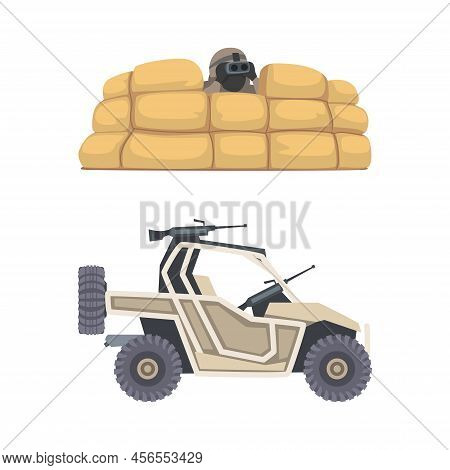 Man As Military Special Armed Force Looking In Binocular And Car With Rifle Vector Illustration Set