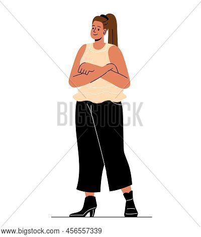 Business Women Collection. Young Girl Crosses Her Arms On Her Chest. Entrepreneur Thinks About Ways 