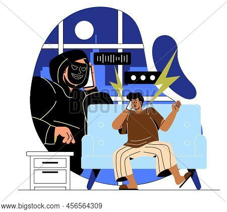 Internet Fraud And Scam. Scammer Calls Guy On Phone, Identity Theft. Modern Technologies And Securit