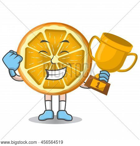 Set Of Cute Cartoon Orange Fruit Holding Trophy, Character Design Vector Illustration Isolated.