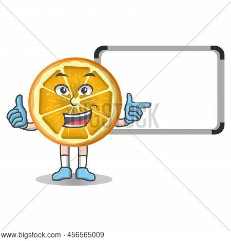 Cute Cartoon Mascot Illustration Sliced Orange Fruit With Sign Board Vector Drawing