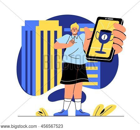 People Celebrating Success And Victory. Guy Shows Smartphone With Trophy. Online Competition Winner.