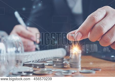 Businessman Coins Stacking On Desk With Note For Planning Money Finance.saving Money, Saving Money C