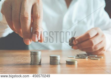 Businessman Coins Stacking On Desk With Note For Planning Money Finance.saving Money, Saving Money C